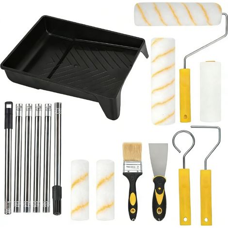 Ensemble rouleau à peinture, brosse à peinture, comprenant 6 rallonges, rouleau à peinture, bac à peinture, brosse, pour la peinture murale (1/5)