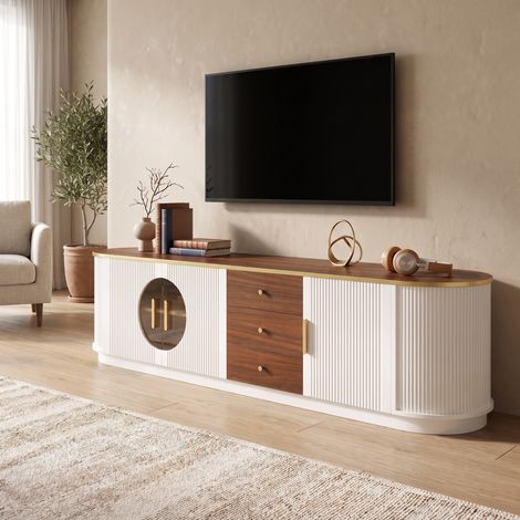Meuble TV Banc TV 180x40x46cm avec 3 Tiroirs et 3 Portes, Rangement Câbles, Style Rétro Moderne, Blanc (1/5)