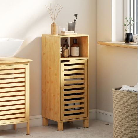 Badezimmerschrank aus Bambus, naturfarben, 30 cm breit, mit offenem Fach und 2 Türen (1/4)