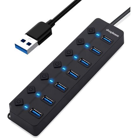 7-Port USB 3.0 Hub with Individual Power Switches and Lights, Portable High-Speed USB Data Splitter for PC, Laptop, and More (1/5)