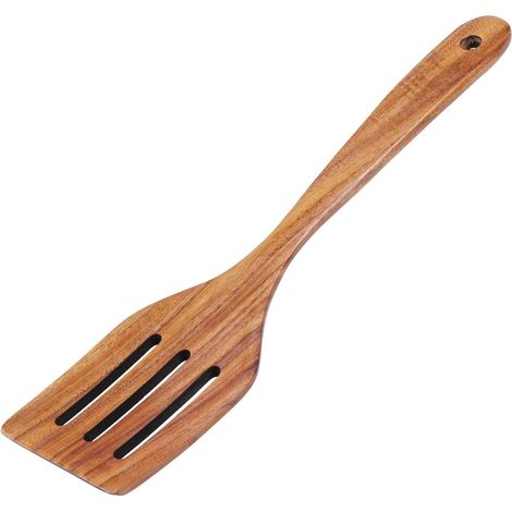 Spatule en bois de teck fendue pour cuisine, ustensile antiadhésif pour friture, crêpes et pancakes, naturelle (1/5)