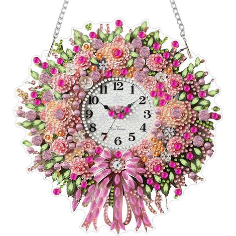 5D Diamond Painting Uhr Anhänger Set mit Kette, Rosa Rose, Fensterdeko