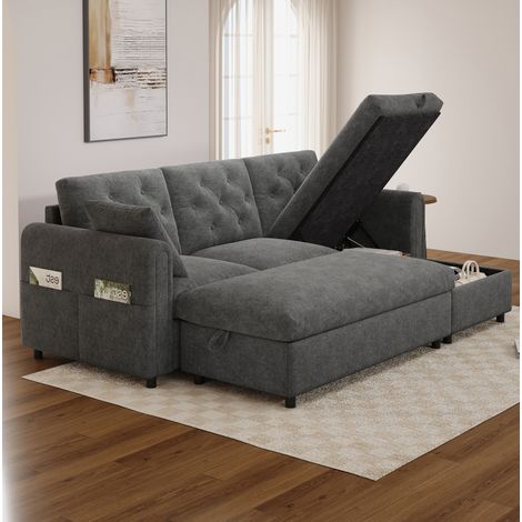 Canapé d'angle modulable 219x131x86 cm en velours gris, avec rangement pour salon FloraGrace (1/5)