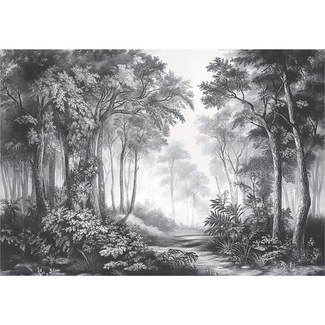 Papier peint panoramique forêt 3D noir et blanc intissé 400x280 cm mural salon chambre grand format