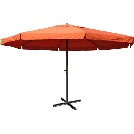 Parasol de jardin Ø 5 m avec lambrequin manivelle et base en croix sans pied polyester terracotta et aluminium 040011461 (1/5)