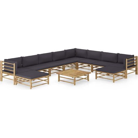 Salon de jardin 11 pcs Ensemble Table et Chaise de Jardin - avec coussins gris foncé Bambou BV108882 - BonneVie (1/5)