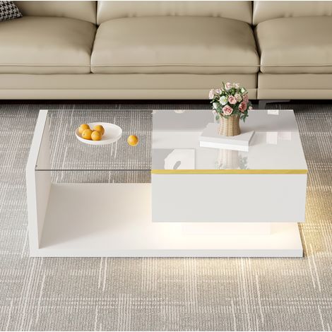Mesa de centro de aglomerado blanca brillo con vidrio y LED, 90 cm (1/5)