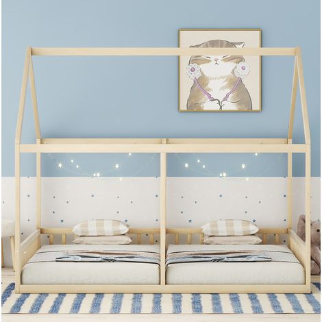 Lit enfant cabane 2 en 1 90x200 cm naturel, en pin et MDF, avec barrières de sécurité (1/5)