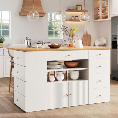 Îlot cuisine roulant 140 cm blanc noir 6 tiroirs tabourets inclus rangement extensible (1/5)