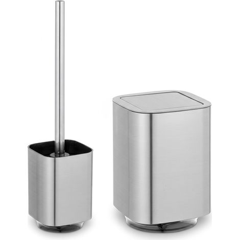 Set accessori bagno con cestino portarifiuti e porta scopino color argento satinato e nero Lumina (1/5)