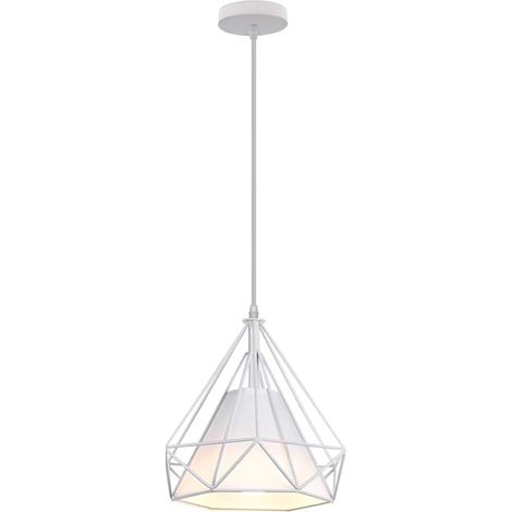 Lustre Suspension Industrielle Moderne, 20 CM Luminaire Vintage Design de Cage de Diamant E27 Plafonnier Abat-jour en Métal Lampe de Plafond Éclairage Décoration (Blanc) (1/5)