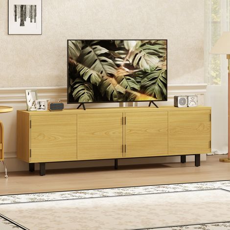 meuble télé pour 82 pouces avec 4 portes à ouverture par pression 180x35x55,5cm bois naturel, Meuble TV 180 centimètres