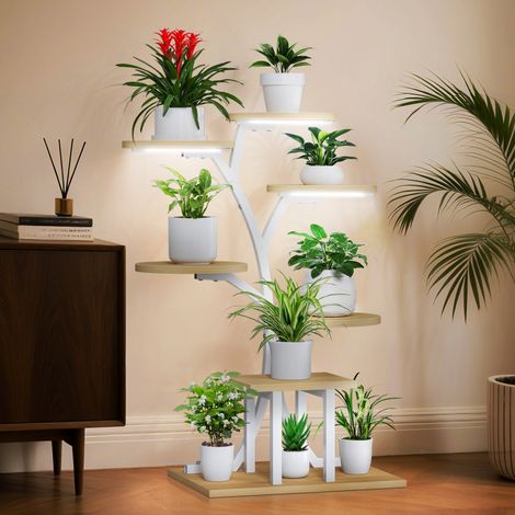 Support pour plantes d'intérieur avec éclairage horticole, structure à 7 niveaux en métal et bois (110 cm de hauteur) – Idéal pour les jardins d'intérieur et les balcons (1/5)