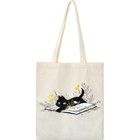 Borsa per la spesa in tela Volumoon per gatti, borsa in tessuto stampato, borsa in cotone e lino, borsa per la spesa riutilizzabile, borsa ideale per la scuola, il lavoro e la spesa quotidiana. (1/5)
