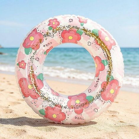 Bouée gonflable tournesol à paillettes pour adultes avec pompe à air, accessoire photo idéal pour les fêtes d'été à la plage et les vacances à la piscine. (1/5)