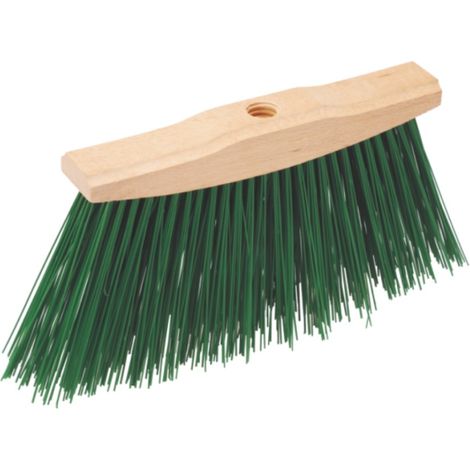 Scopa da giardino in legno, 25 cm senza manico, setole sintetiche lunghe e spesse, colore verde. (1/2)