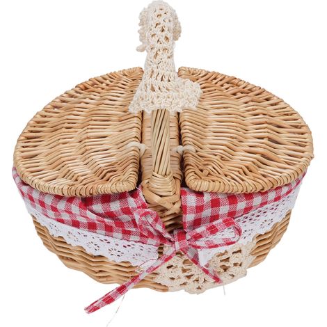 Panier de pique-nique en osier avec doublure amovible. Panier vide avec couvercle et poignée, idéal pour Pâques, le camping, la fête des mères, à carreaux rouges. (1/5)