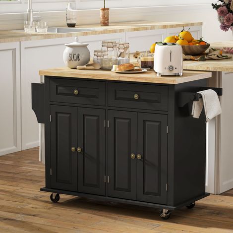 Carrito de servicio para isla de cocina con múltiples opciones de almacenamiento: 2 cajones, 2 armarios, 2 puertas con botellero, toallero y estante ajustable, MDF de madera de caucho negra.