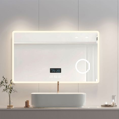 Heilmetz Espejos de Baño con Luz con 3X Lupa, Bluetooth y Antivaho Espejo Baño con Relojes, 3 Luz de Color Brillo Ajustable 100x60cm (1/5)