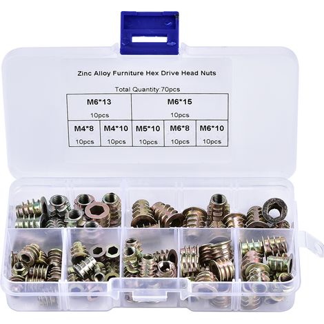 70pcs M4/M5/M6 Zinc Alloy Furniture Hex Drive Head Insert Nuts Set