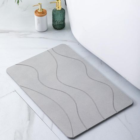 Diatomite Non Slip Bath Mat 60 x 39 cm Super Absorbent Quick Drying Shower Outlet Natural Stone Bathroom Diatomite Stone Bath Mat (Waves Gray) (1/5)
