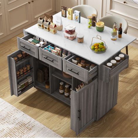 Carrello da cucina con piano ribaltabile 139 x 46(71) x 91,5 cm MDF grigio effetto marmo bianco (1/5)