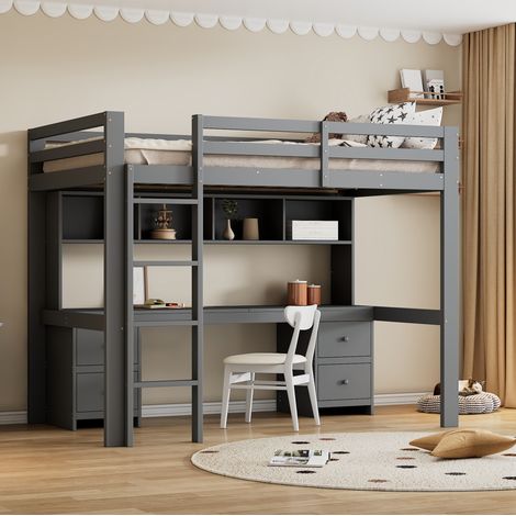 Letto a soppalco moderno 90x200 cm con scrivania, 4 cassetti e ripiani, pino massello e MDF, grigio (1/5)
