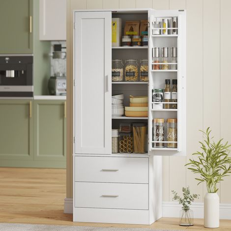 Buffet haut cuisine, armoire de cuisine, 2 portes, 8 porte-épices, 2 tiroirs, étagères réglables, blanc, 60x40x159cm