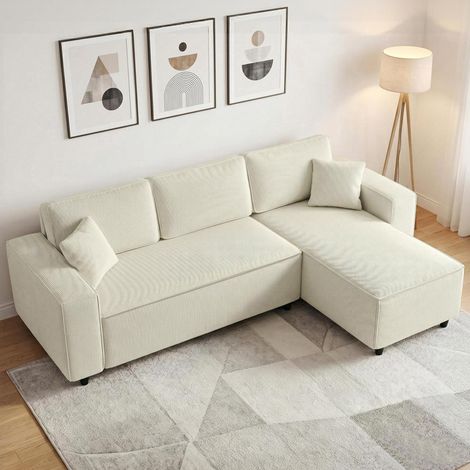 Canapé d'angle réversible 3 places moderne avec coussins, tissu en velours côtelé, couleur crème (1/5)