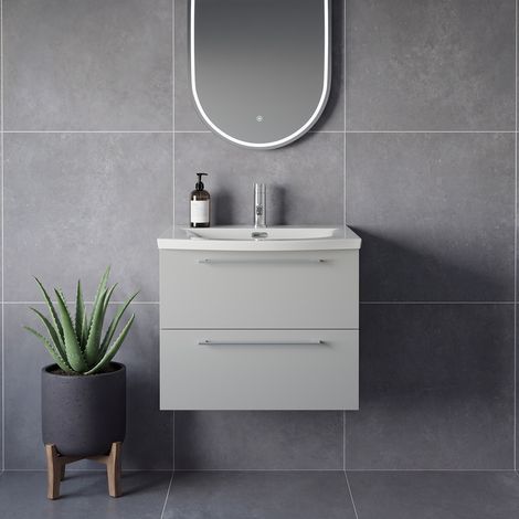 Napoli 390 Gloss Grey Pearl 600mm Wall Mounted 2 Drawer Vanity Unit with Arc Basin - 600mm - Chrome 320mm Handle