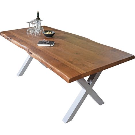 Esstisch Baumkante massiv Akazie Nuss 350 x 120 X-Gestell silber CALI
