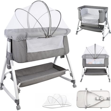 Babybett Beistellbett 6-stufig verstellbares Zusammenklappbar mit Rollen & Moskitonetz 91x50x116cm Leinengrau