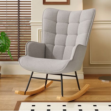 Comoda poltrona a dondolo in peluche - Schienale alto - braccioli imbottiti - schiuma ad alta densità - gambe in faggio naturale - Grigio