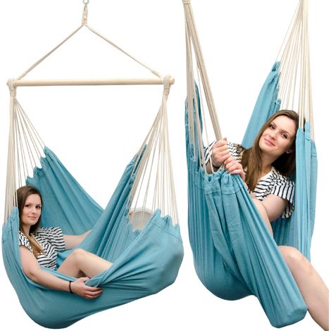 Amaca XXL per tutta la famiglia Dondolo peso massimo supportato 150 kg Sedile sospeso di tela 190x140cm Dondolarsi 100% cotone Amaca incl. moschettoni Per la siesta blu mare (1/4)