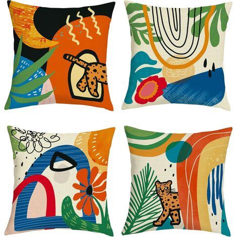 Housse Coussin 50x50 Lot de 4 Boho Floral Orange Abstrait Moderne (1/5)