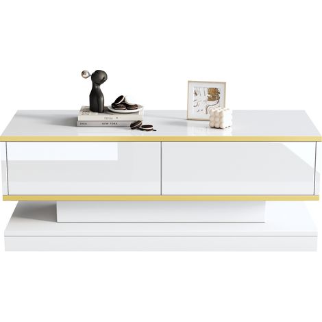 CHICFURN Mesa de centro 100x50x38 cm blanco brillo, 2 cajones, salón (1/5)