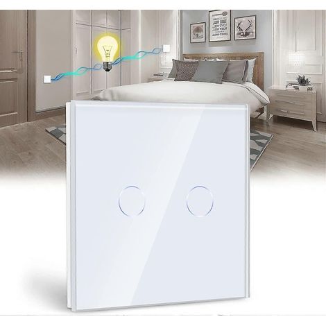 Interrupteur à bascule blanc double, 2 voies, avec affichage LED, interrupteur tactile avec panneau en verre cristal, sans fil neutre. (1/5)
