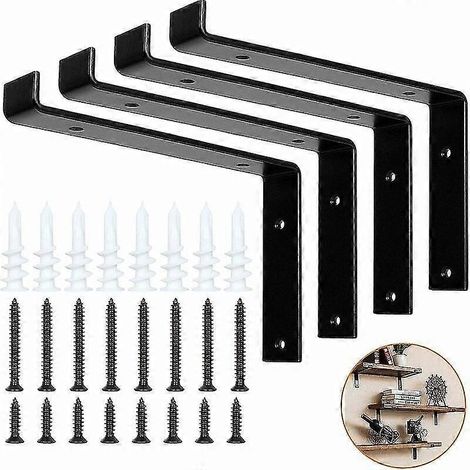 Lot de 4 supports muraux avec bordure, support mural industriel de 250 mm en métal noir pour étagère, idéal pour les panneaux muraux - Avec 16 vis (1/5)
