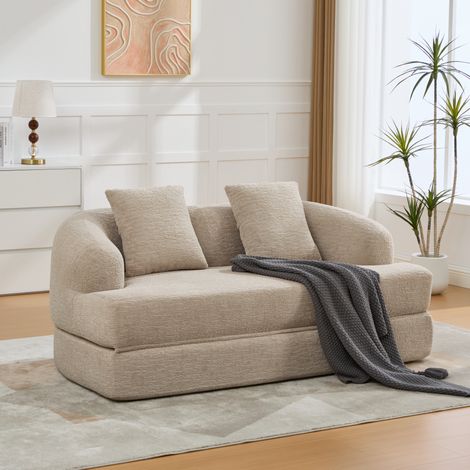 Sofá cama 2 plazas 157 x 84 x 65 cm en chenilla caqui con función plegable y cojines de respaldo (1/5)