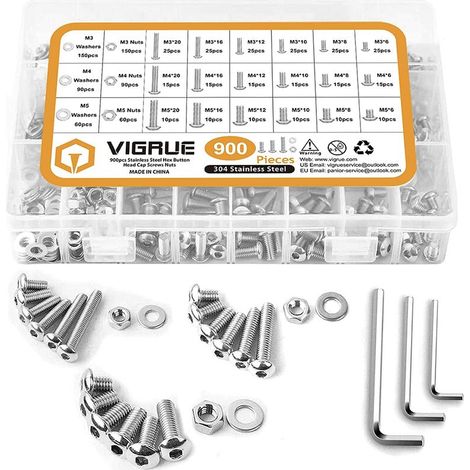 VURAHOME -900PCS M3 M4 M5 304 en Acier inoxydable Bouton à tête hexagonale Socket Tête Câble Boulons Vis avec écrous Assortiment, (1/5)