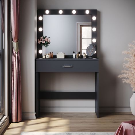 ELEGANT Hollywood Vanity Mirror Black Dressing Table with Adjustable 3 Color LED Lights, Girls Makeup Desk with 1 Large Storage Drawer, Bedroom Available