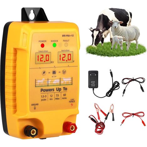 Dispositif de clôture électrique 12 V avec affichage LED, portée 12 km, 2 Joules, 12 kV, pour la protection des animaux de ferme, de la volaille, des pâturages et des jardins (1/5)