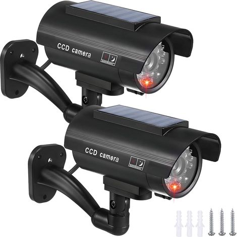Lot de 2 Camera Factice Exterieur, 135 X 60mm Camera Factice, Caméra Fausse Solaire, Fausse Camera Surveillance Exterieur avec LED Clignotante pour L'intérieur et L'extérieur Noir (1/5)