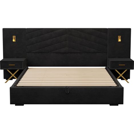 Lit coffre relevable réglable / 266205117 cm (L/B/H) / lit coffre en velours / tête de lit à nervures verticales capitonnées / avec deux bancs de lit / deux lampes LED latérales / facile à assembler (1/5)