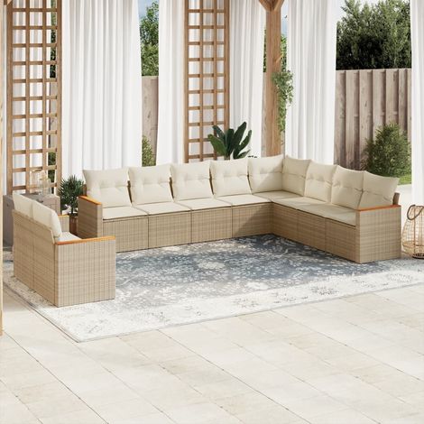 Ensemble Salon Jardin 10 Places Résine Tressée Beige avec Coussins Amovibles et Espace Rangement (1/3)