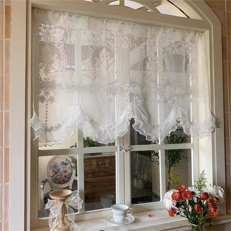 Rideau court de style maison de campagne, Boho court vintage en dentelle crochetée avec motif floral rétro, rideau de bistro pour petite fenêtre de cuisine, porte avec frange (1 pièce, L (1/5)