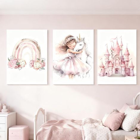 Affiche Decoration Murale Fille, 3 PCS Decoration Chambre Bebe Affiches, A4 Licorne Princesse Arc-en-ciel et le Château, Rose Tableau Chambre Enfant Poster, Sans Cadre,3040CM (1/4)