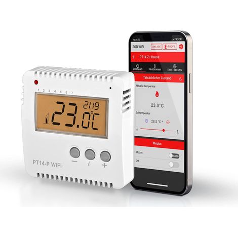 ELEKTROBOCK PT14-P WiFi – Termostato intelligente WLAN 230 V – Controllo riscaldamento tramite app – Montaggio a parete – 16 A – Per riscaldamento elettrico – Programmi settimanali regolabili, bianco