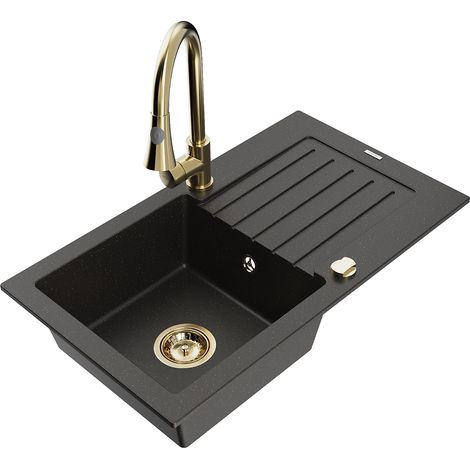 Mexen Pablo 1 Becken-Granitspüle mit Abtropffläche und Mischbatterie Elia, Schwarz/Gold metallisch -