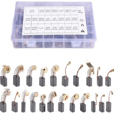 Lot 69 Balais Charbon 23 Tailles, Charbon Moteur pour Meuleuse Perceuse Outils Électriques Pièces Rechange